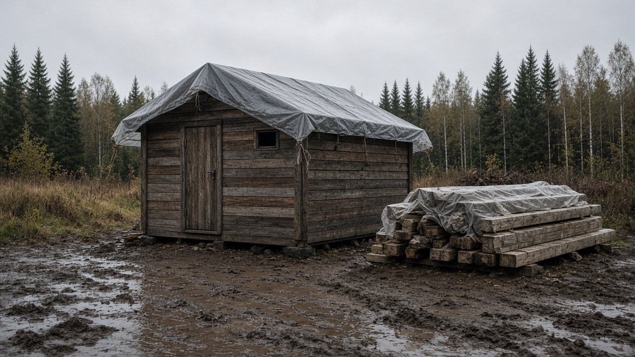 Каркасная баня под временной кровлей и штабель бруса под плёнкой в межсезонье