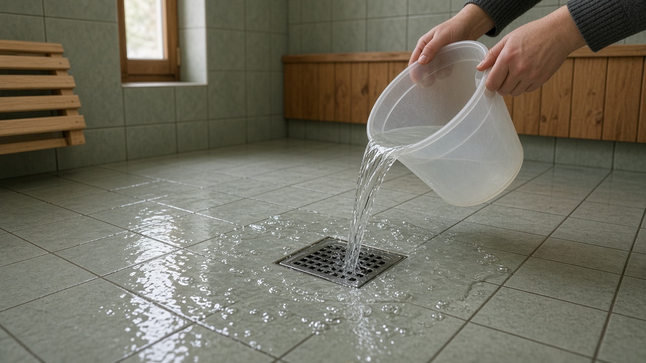 Пролив воды по плитке к трапу на приёмке
