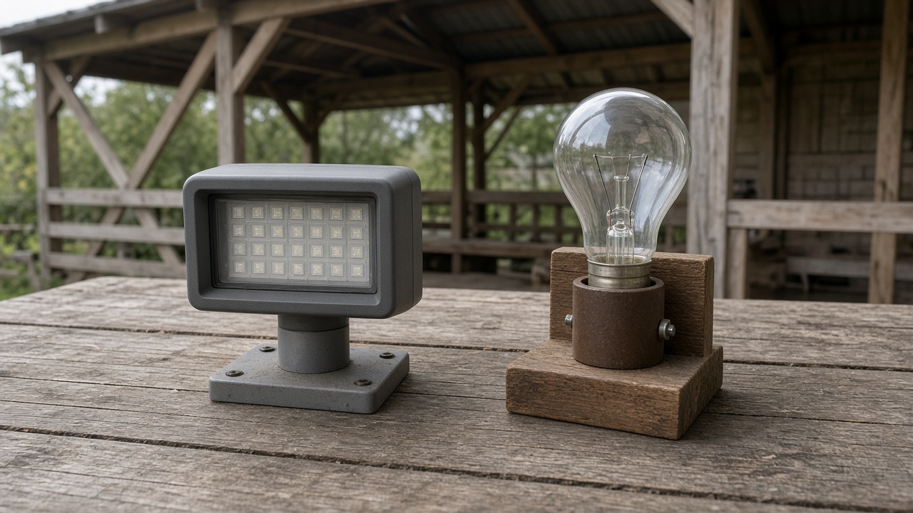 LED-светильник и старая лампа рядом на столе беседки