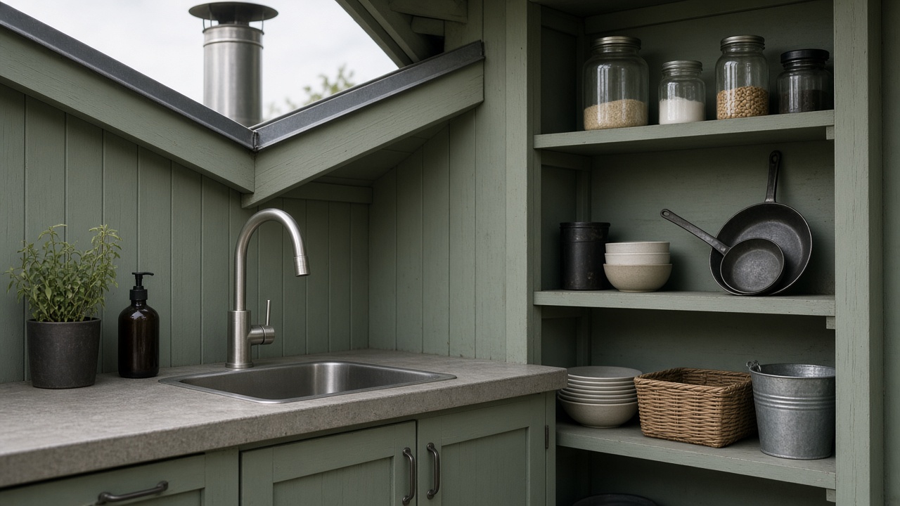 Наружная мойка, труба дымохода и полки хранения