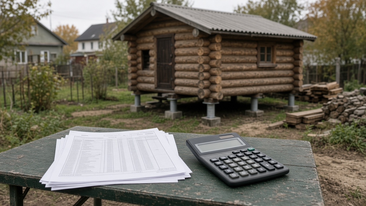Компактный сруб и стопка размытых сметных листов