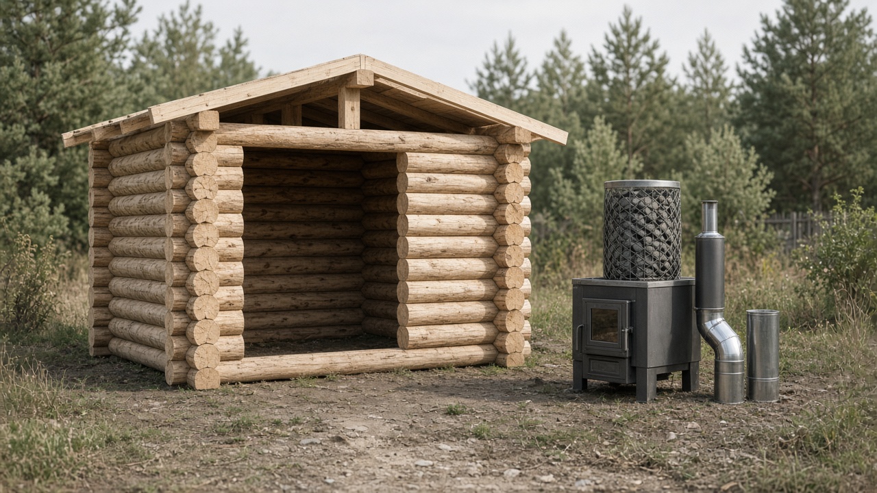 Печь и дымоход рядом с коробкой бани из бруса