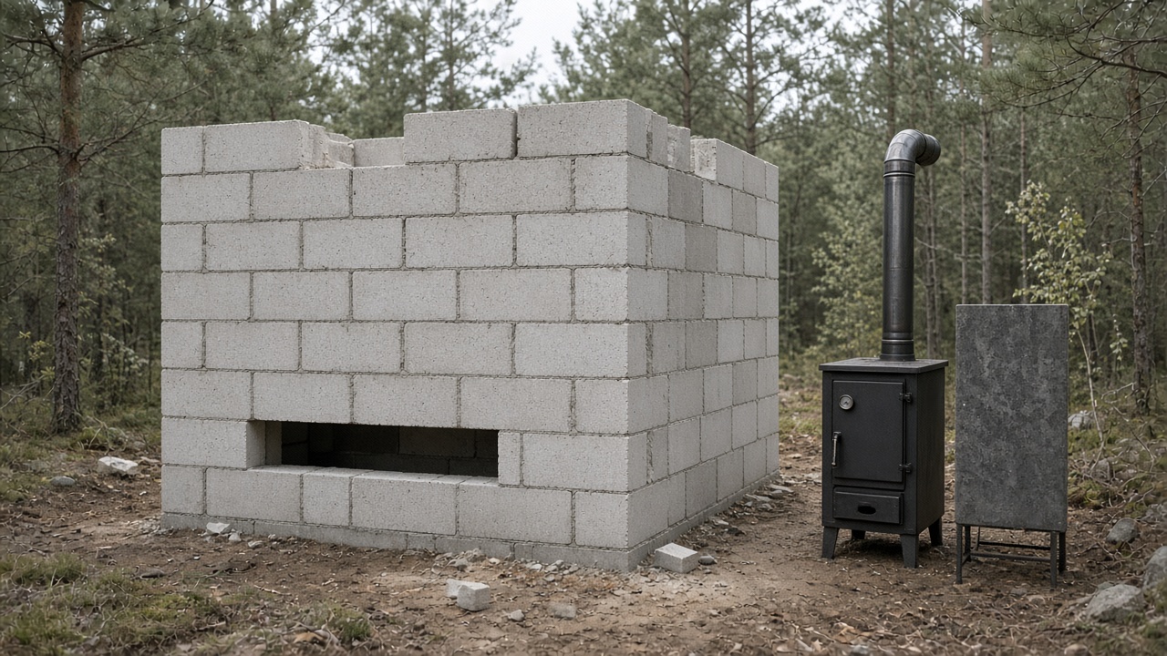 Печь и экраны рядом с коробкой из газоблока