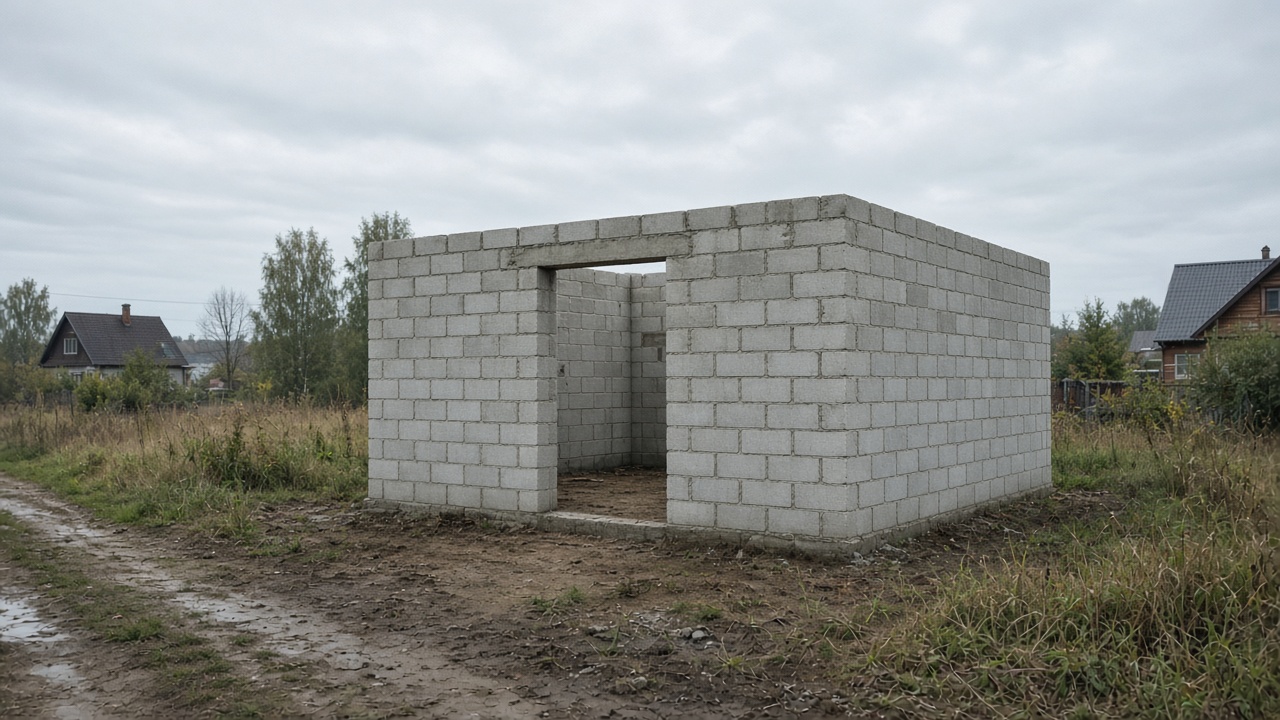 Коробка из блоков без кровли на участке
