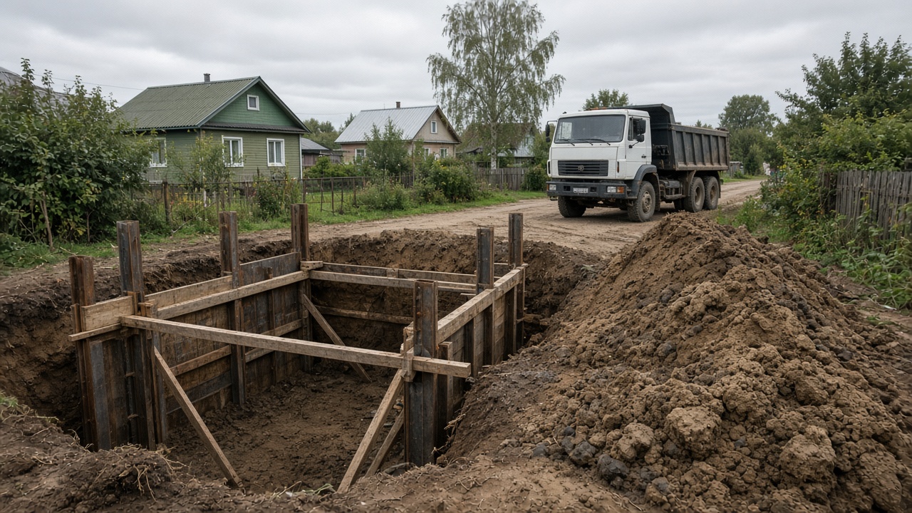 Котлован с креплением стенок и самосвал