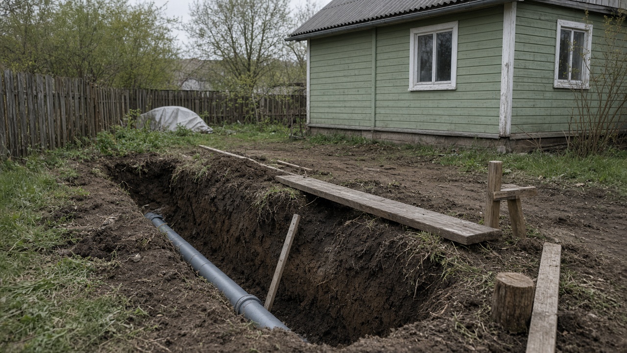 Канализационная труба в траншее с уклоном