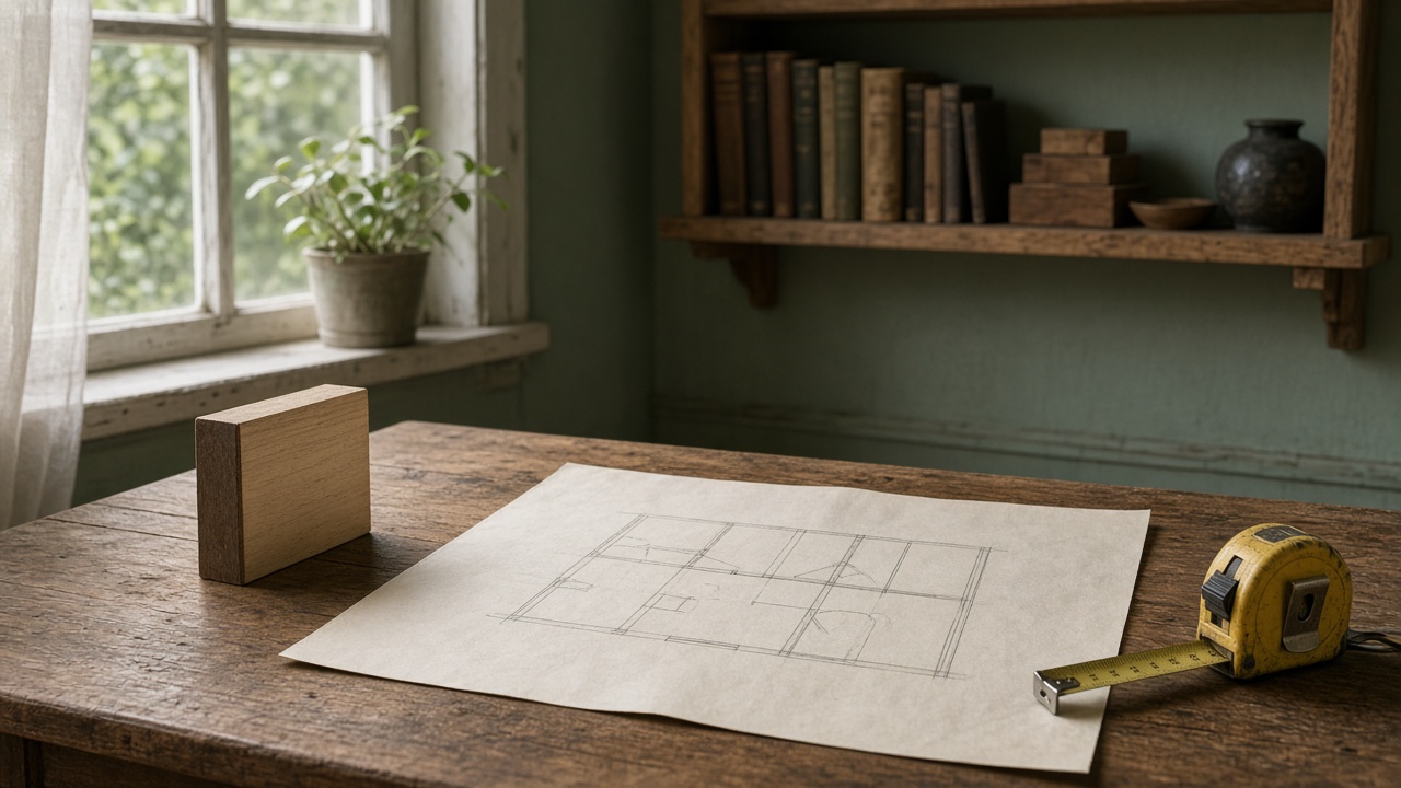 План комнаты, образец полки и рулетка на столе