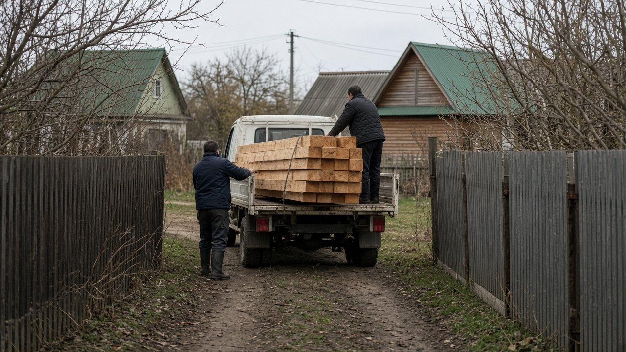 Узкий проезд к участку: бригада разгружает пакеты бруса вручную с газели