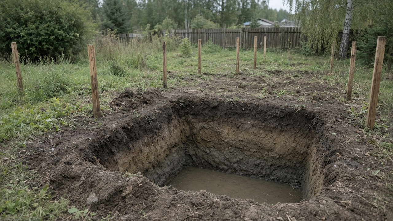 Шурф с грунтом и лужей на пятне застройки