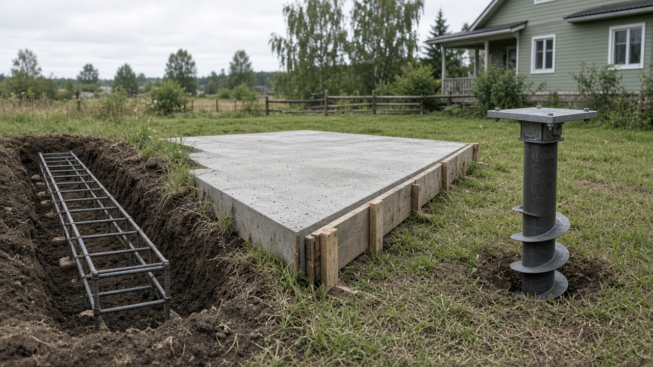 Рядом фрагменты ленты, плиты и свайного ростверка