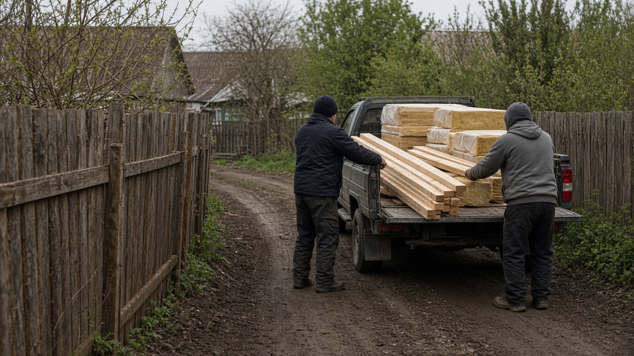 Узкий проезд: разгрузка пакетов стоек и утеплителя без крана