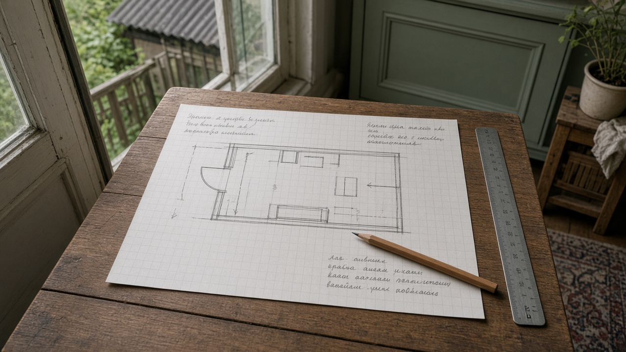 Эскиз планировки балкона: дверь, проход, мебель