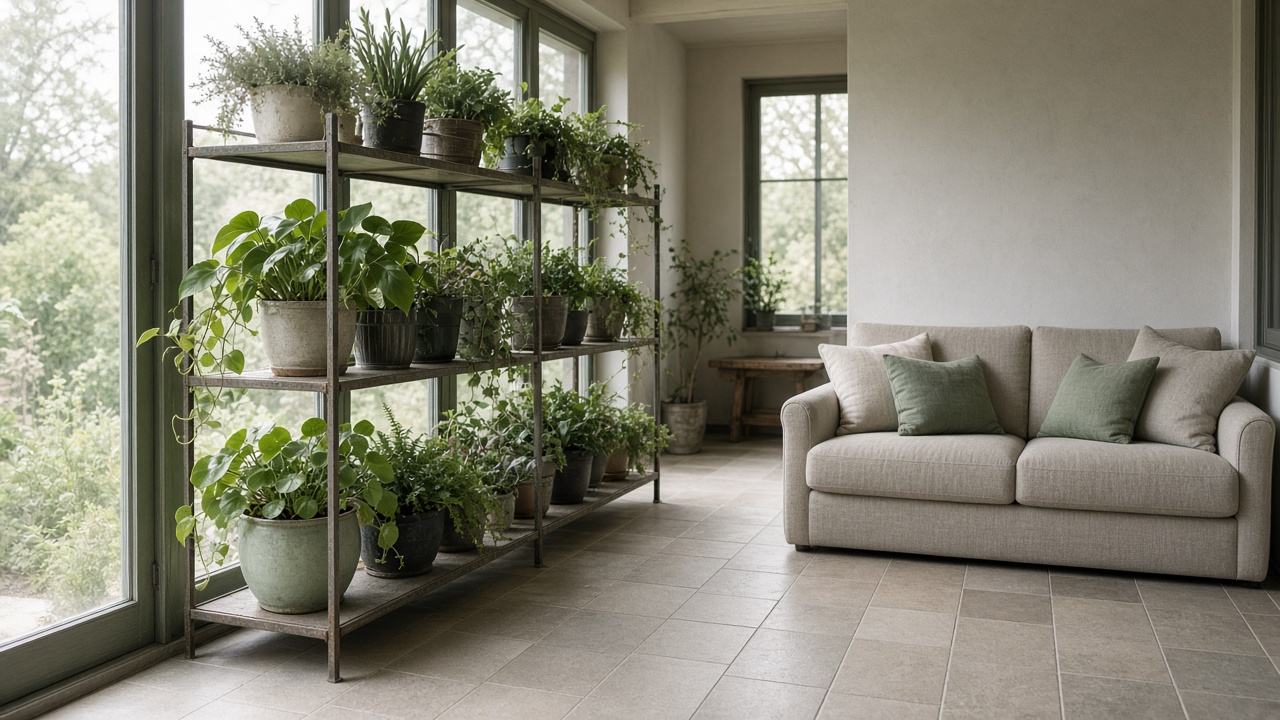 Стеллаж с растениями у светлой стены и диван напротив с проходом