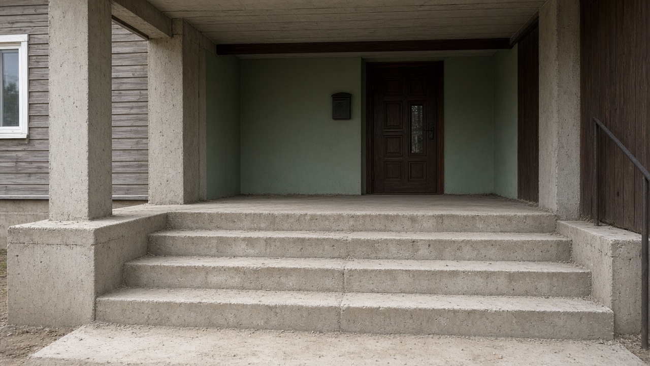 Бетонные ступени до облицовки и козырёк над входом