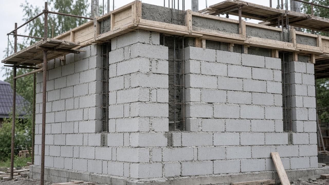 Кладка автоклавного газобетона с армопоясом в работе