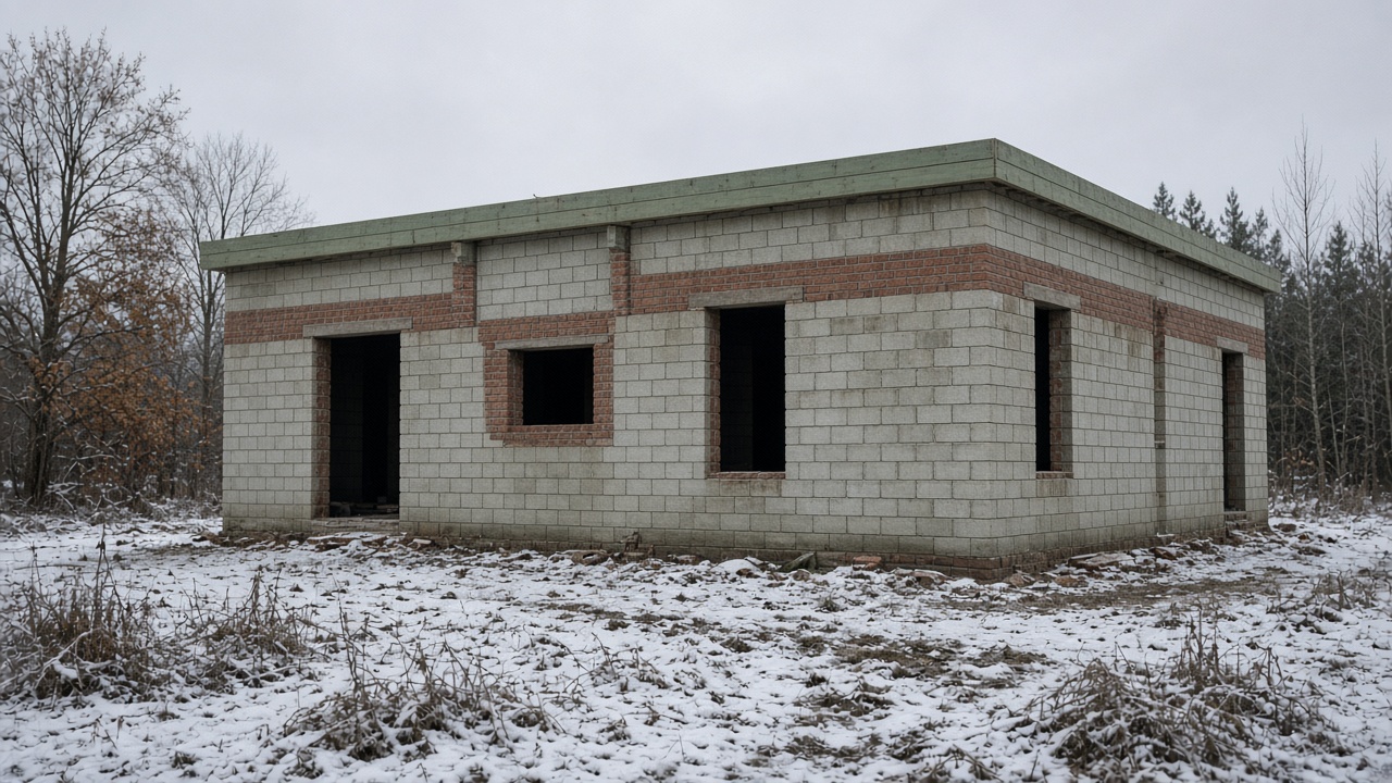 Незавершённая коробка с открытыми проёмами зимой