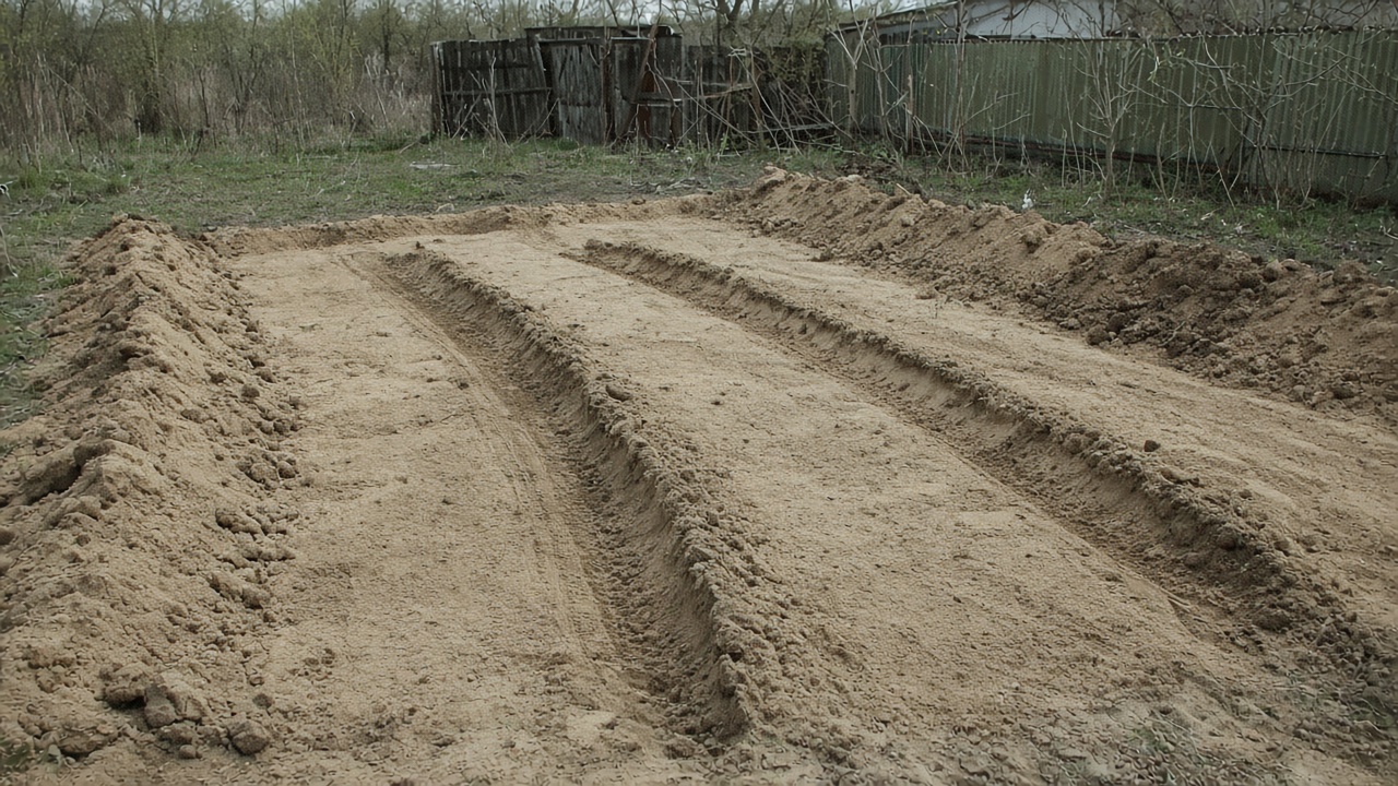 Следы колёс техники на готовой подушке под опалубку