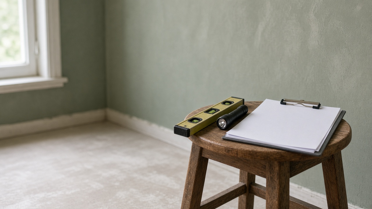Уровень фонарик и смета на табурете в отделываемой комнате