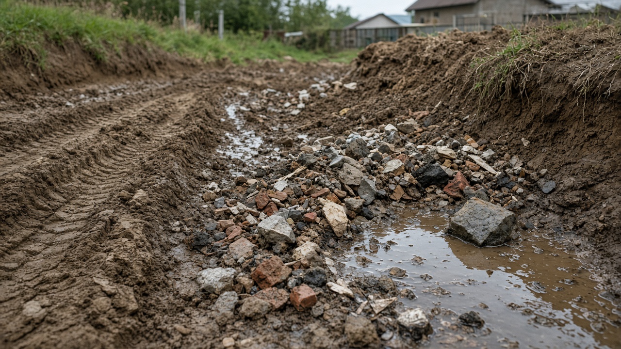 Подушка в луже с грязным щебнем