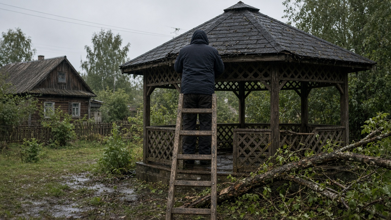 Осмотр кровли беседки после ветра