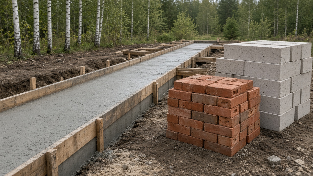Свежая лента и образцы кирпича с газоблоком у опалубки