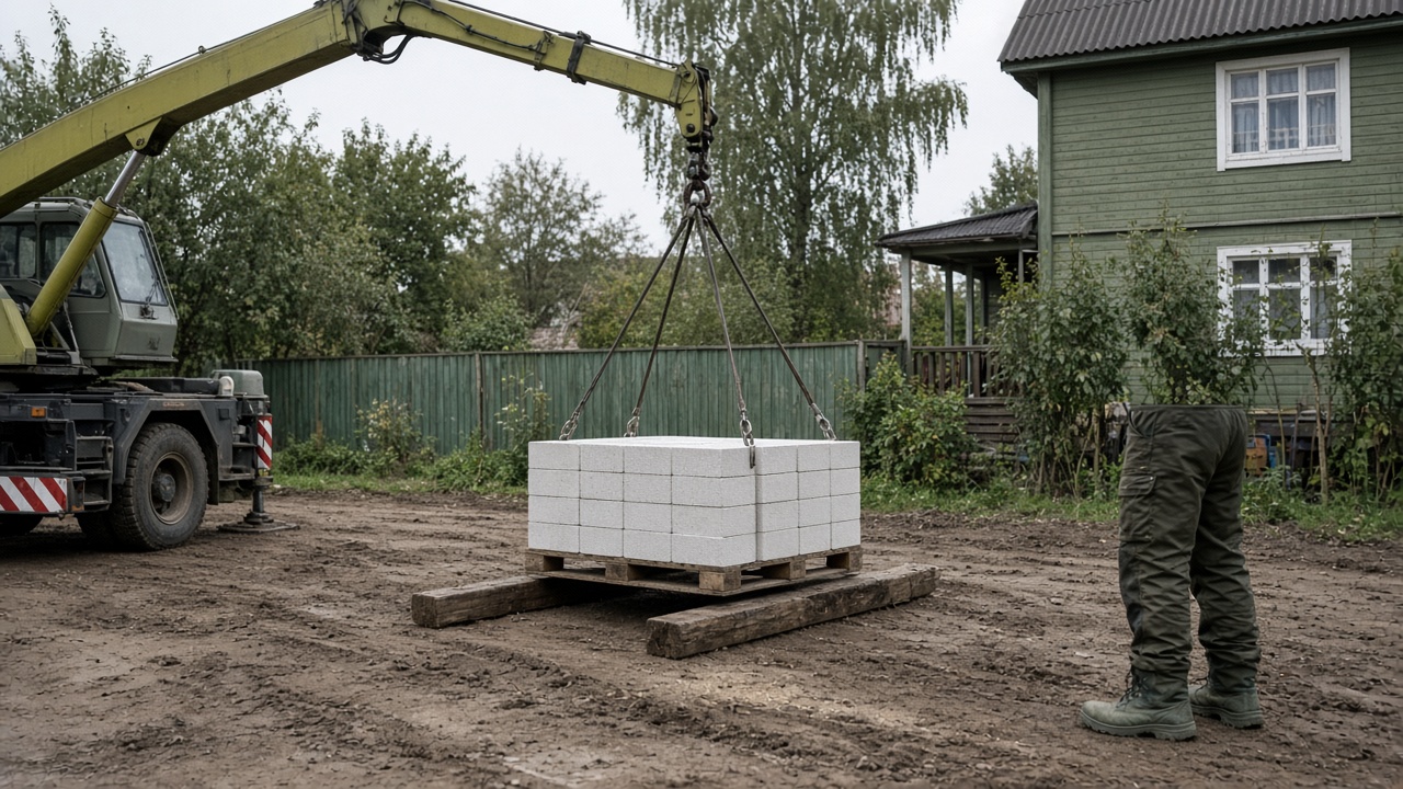 Кран опускает поддон газоблоков на подкладки