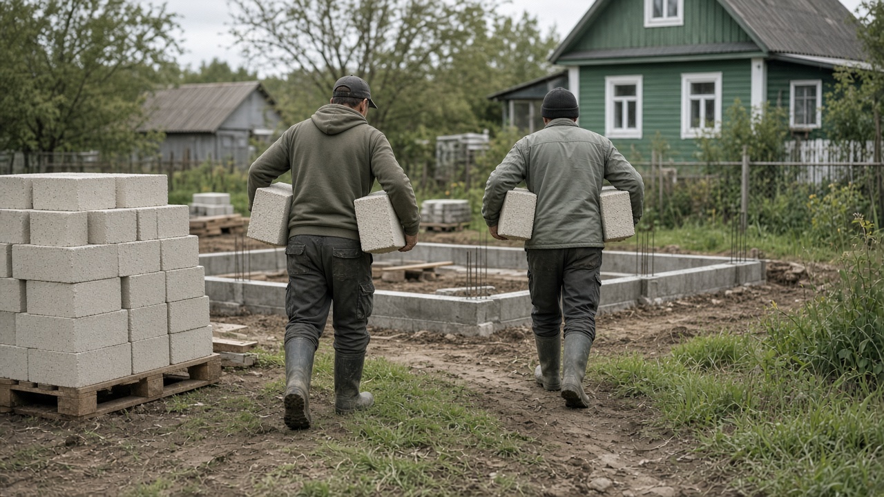 Ручная переноска блоков от поддона к фундаменту