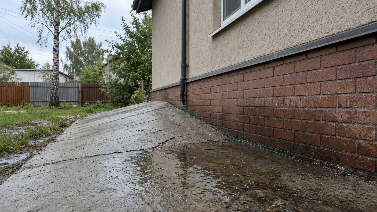 Вода у стены из-за уклона отмостки