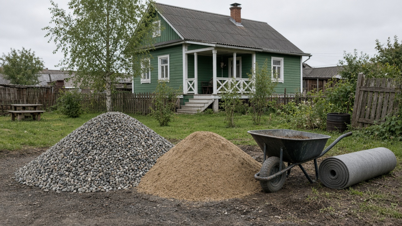 Кучи щебня и песка