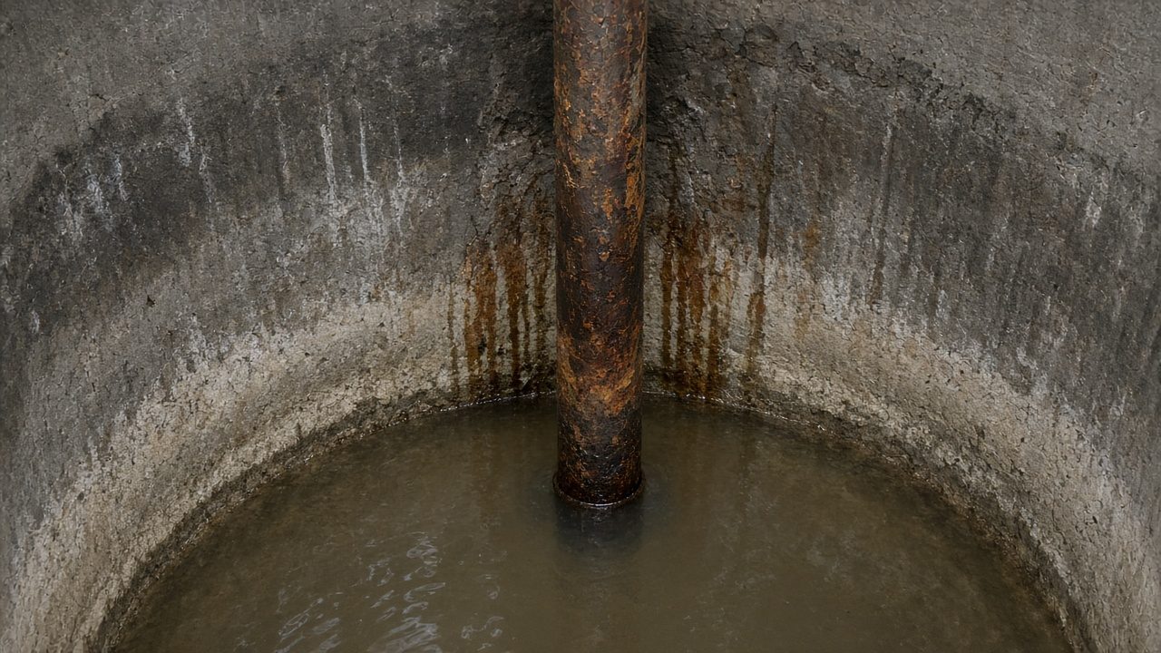 Старый бетонный кессон изнутри: ржавая стальная труба и вода на дне