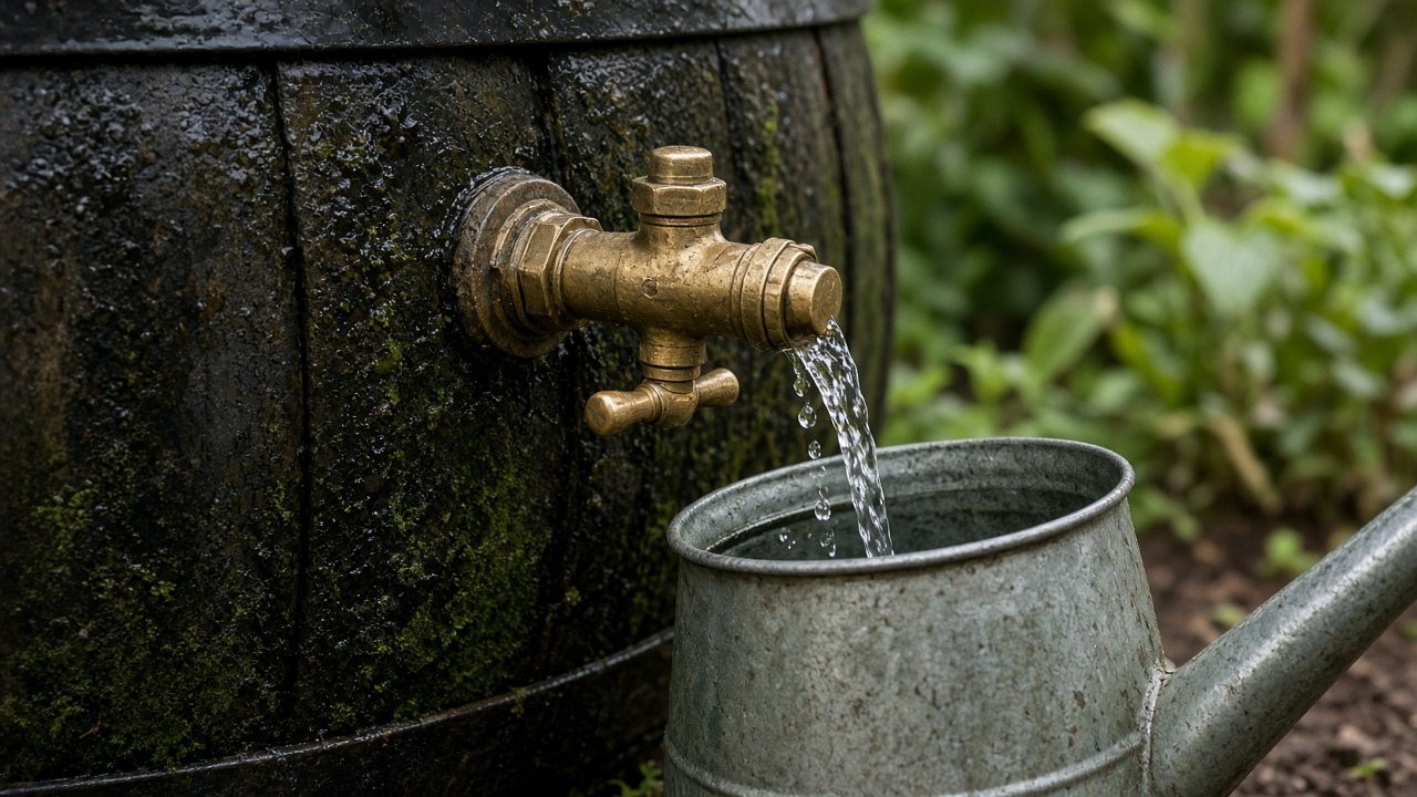 Латунный кран у основания бочки для дождевой воды и лейка под струёй