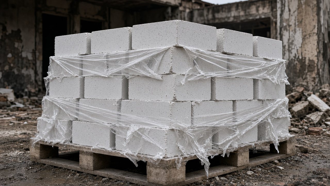 Обмотанный плёнкой поддон блоков на заброшенной стройплощадке