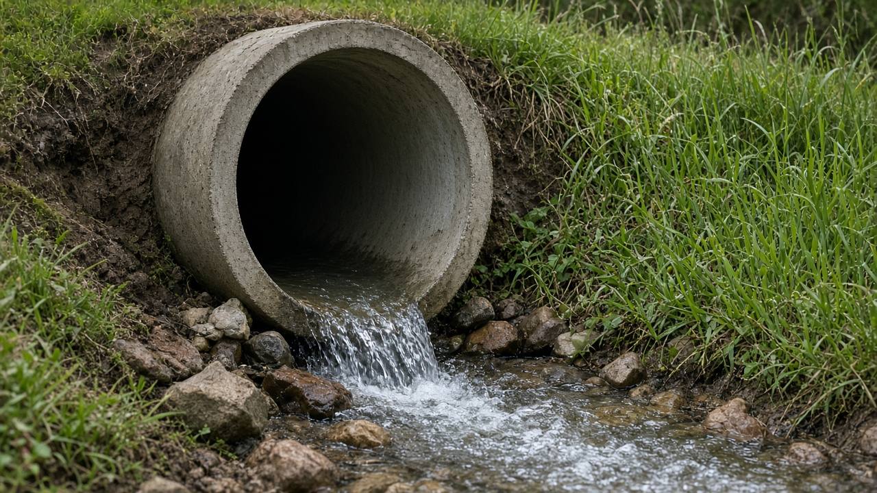 Бетонная водопропускная труба под заездом, из которой вытекает вода в канаву