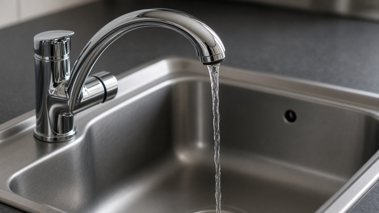 Слабая струя воды из хромированного смесителя над раковиной
