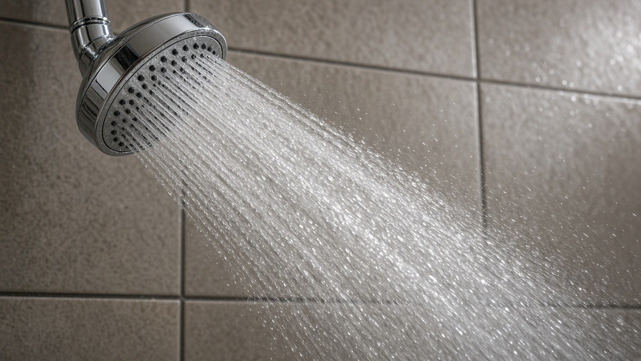 Сильная струя воды из широкой душевой лейки крупным планом