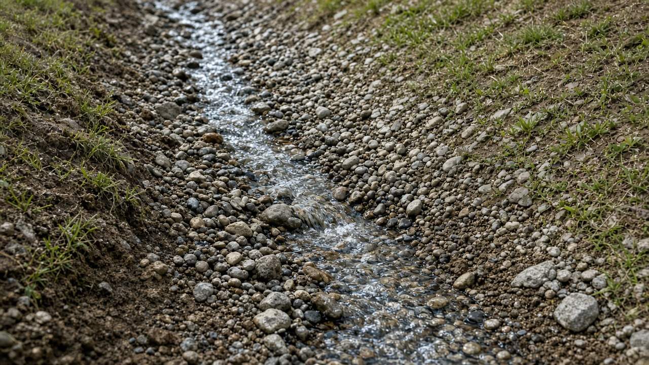 Дождевая вода стекает по неглубокой канаве, засыпанной гравием, на склоне