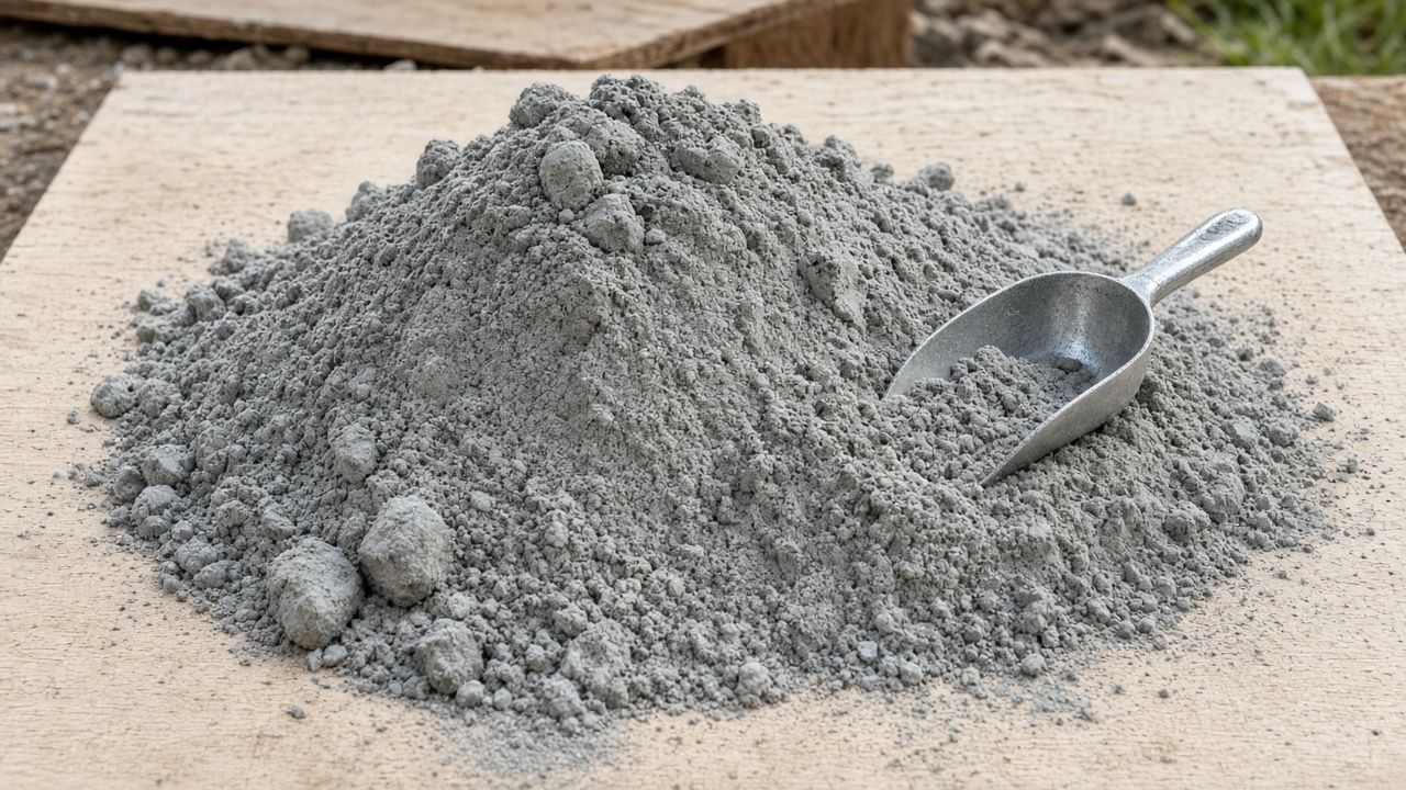 Куча сухой серой кладочной смеси с металлическим совком на фанерном листе