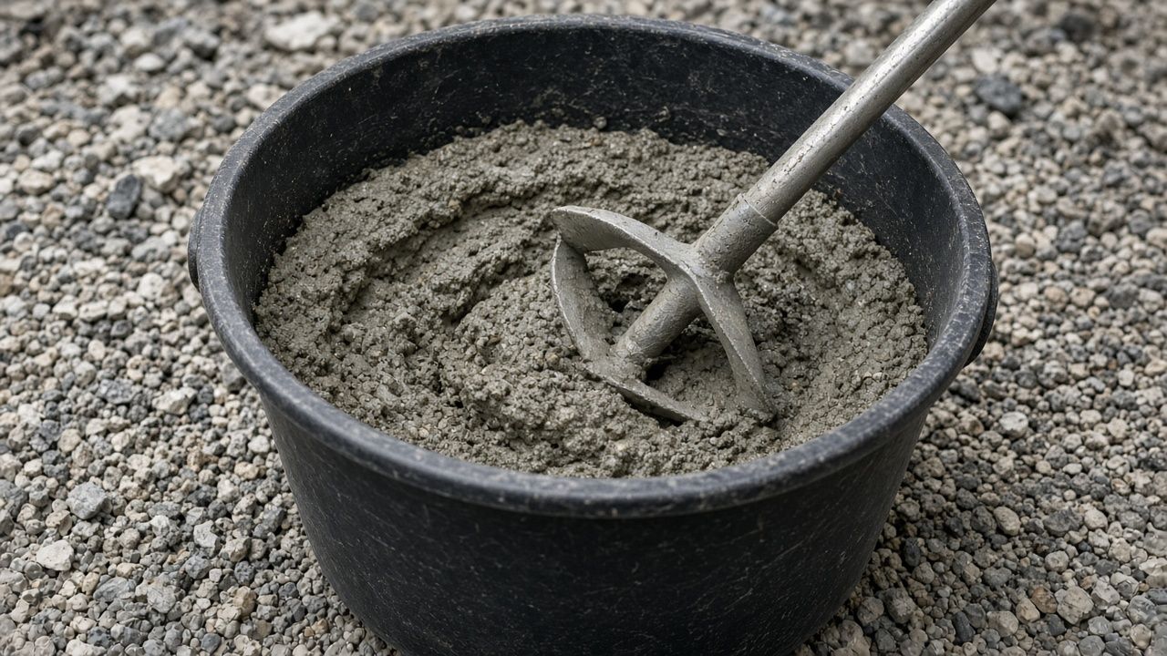 Чёрное ведро со свежим серым раствором и насадкой миксера на гравии