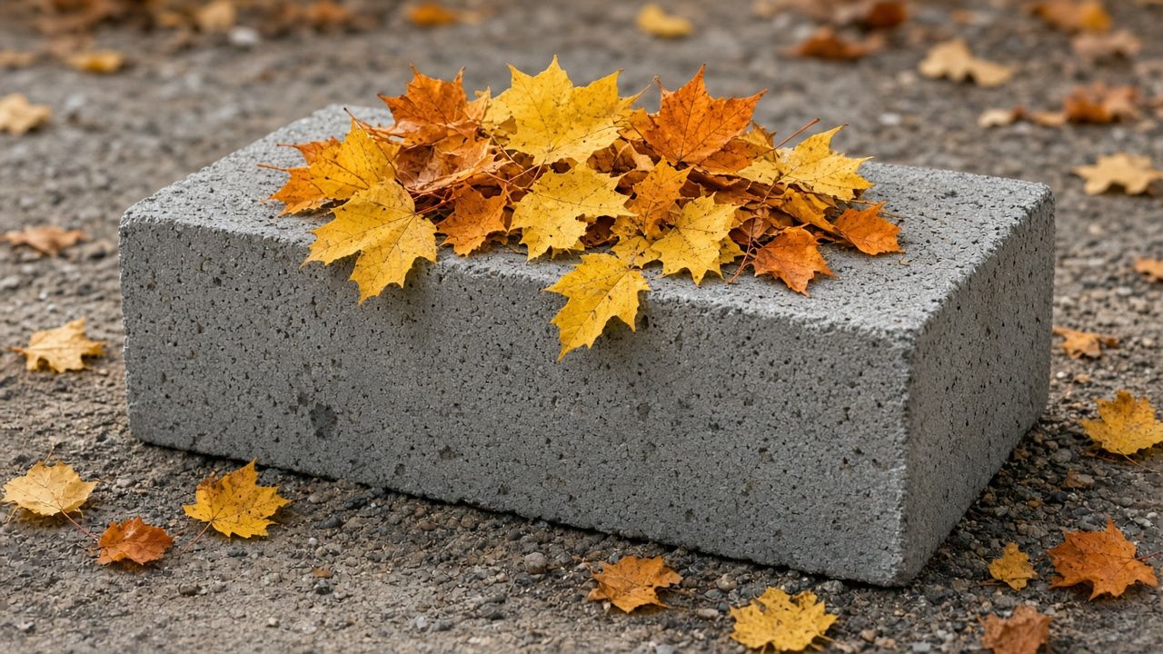 Жёлтые и оранжевые осенние листья на сером бетонном блоке на земле