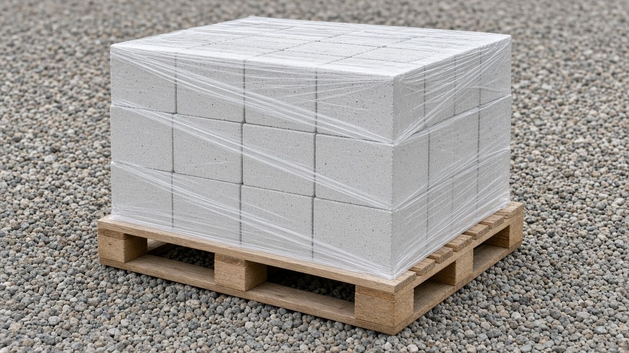 Поддон газобетонных блоков в прозрачной плёнке на ровной площадке