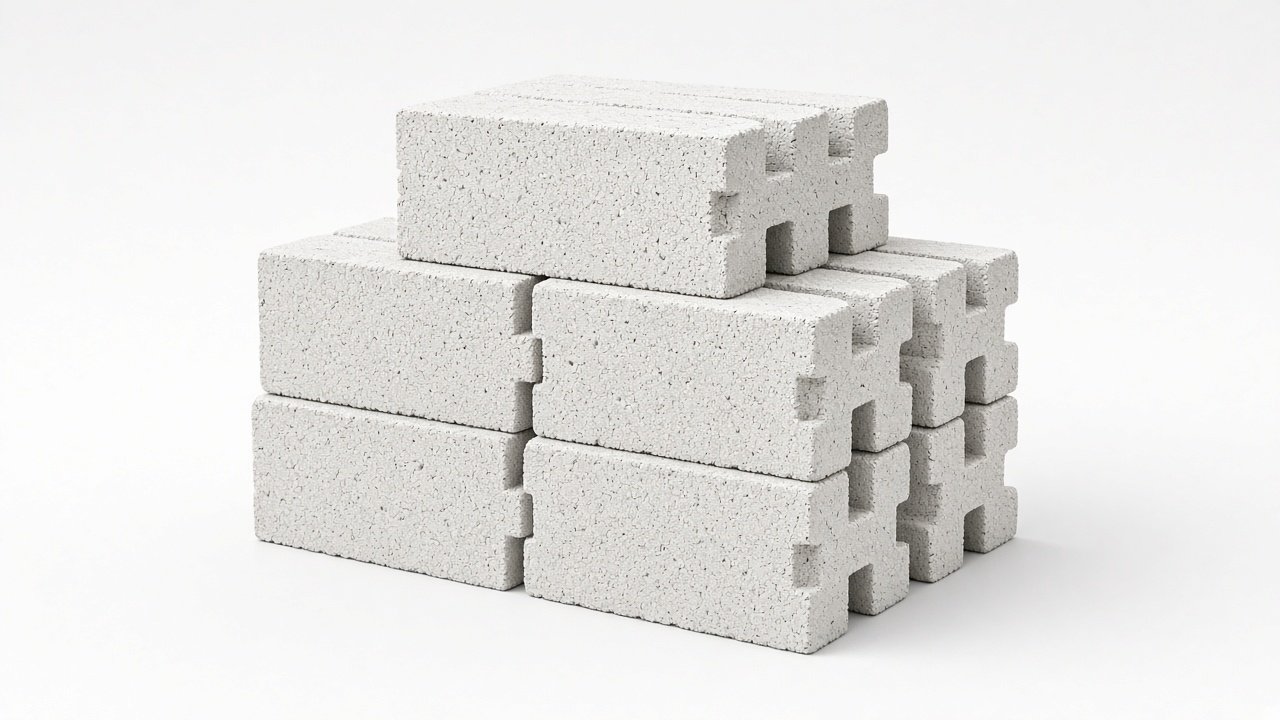 Стопка белых газобетонных блоков с пазами и гребнями на торцах на белом фоне
