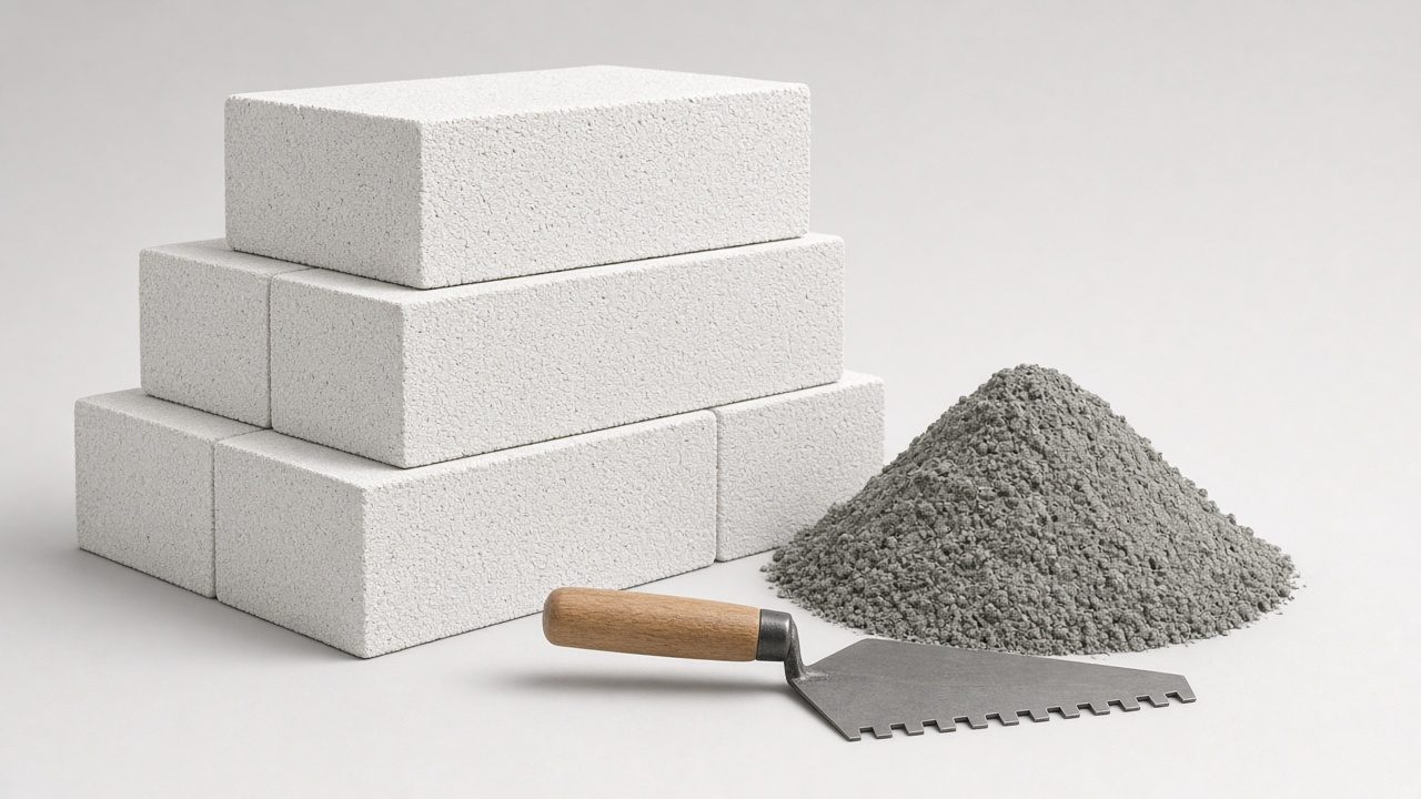 Газобетонные блоки, клеевая смесь и зубчатый шпатель