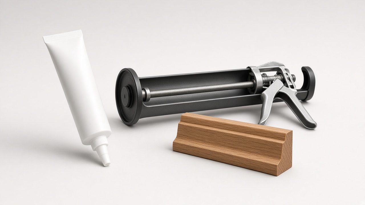 Тюбик герметика, пистолет для герметика и фрагмент деревянного плинтуса на светлом фоне