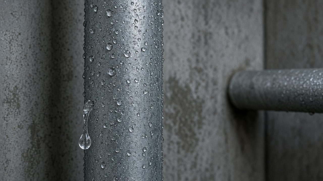 Металлическая труба холодной воды, покрытая каплями конденсата, в техническом помещении