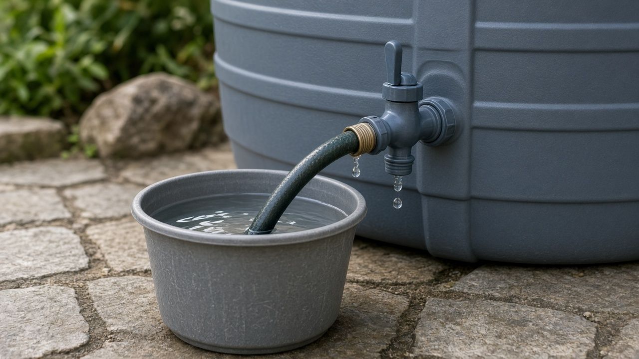 Пластиковый кран бака со шлангом и ведро чистой воды на каменной дорожке