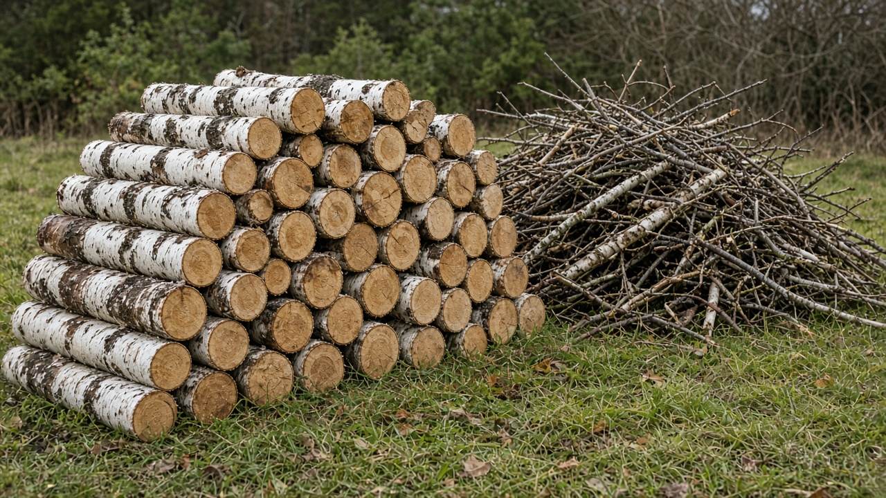 Уложенные в штабель берёзовые чурки и куча веток на траве