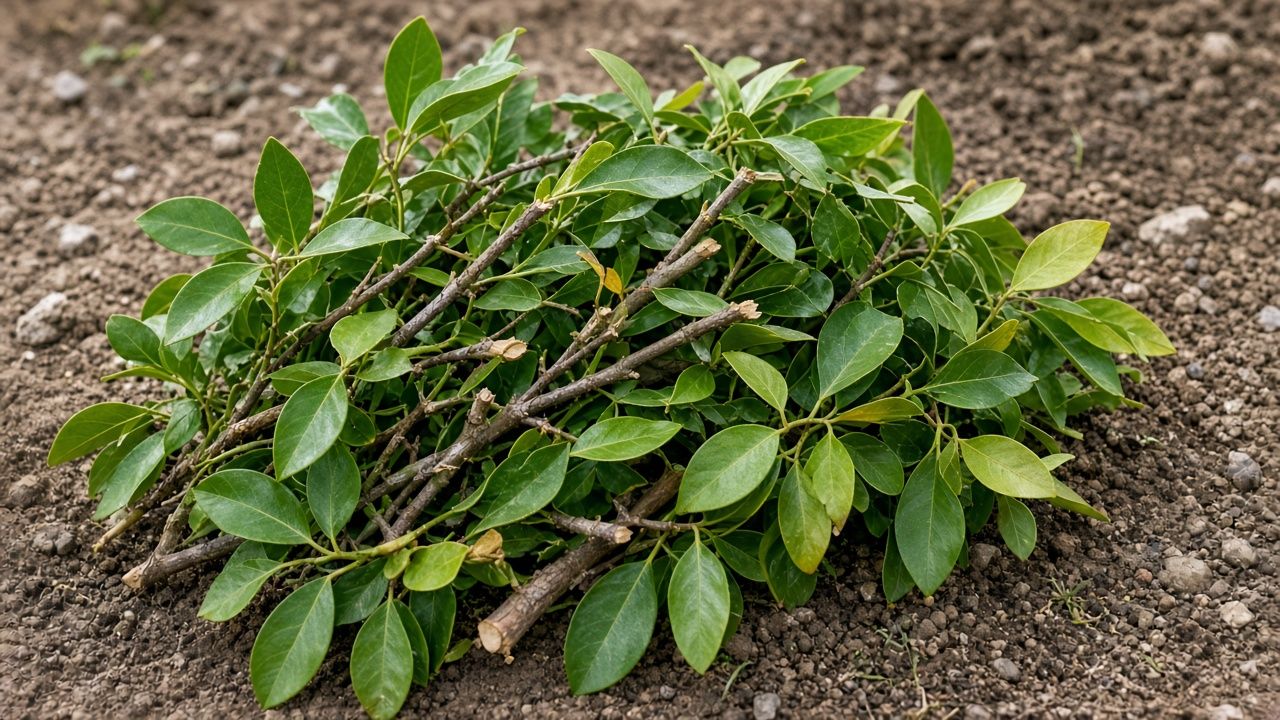 Куча свежесрезанных веток кустарника с зелёными листьями на земле