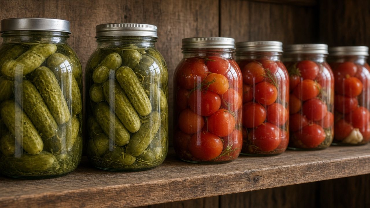 Стеклянные банки с солёными огурцами и томатами на деревянной полке