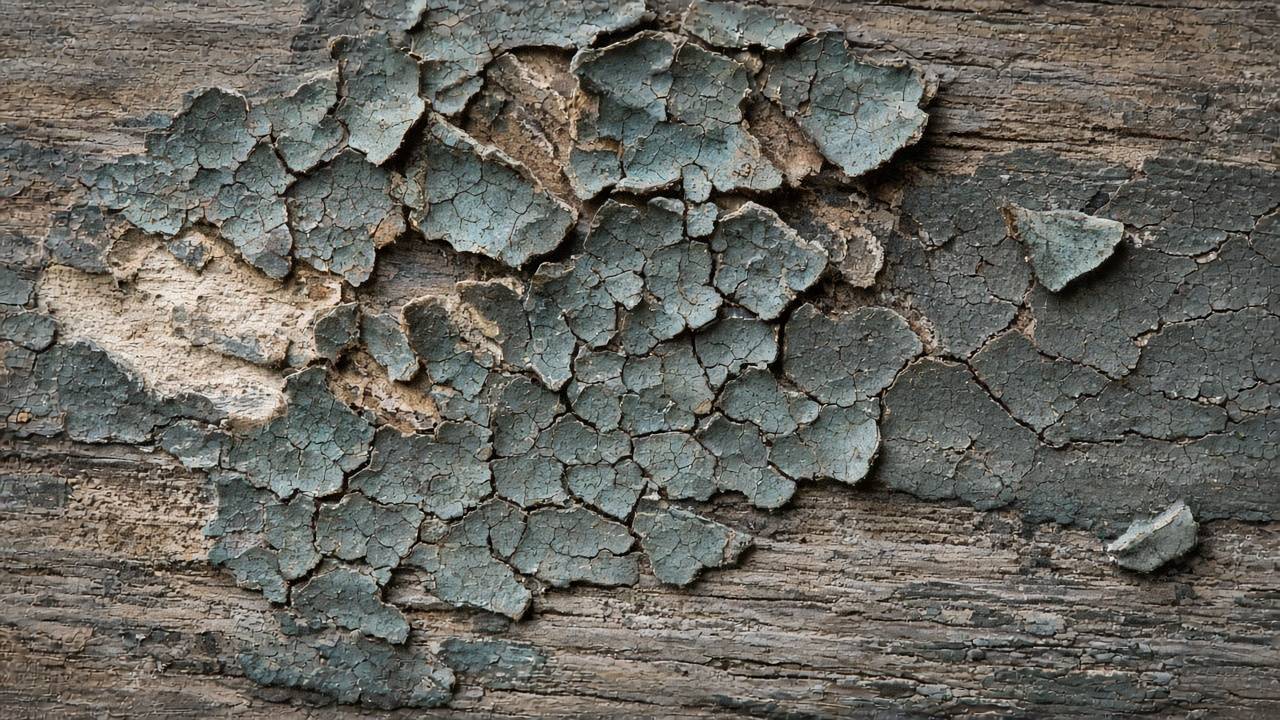 Шелушащаяся старая краска на деревянной доске крупным планом