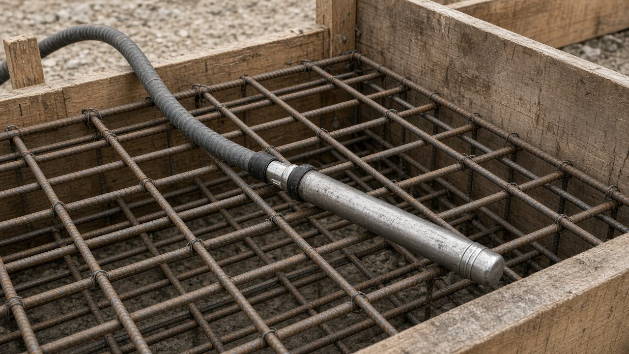 Глубинный вибратор для бетона лежит на арматурном каркасе в опалубке